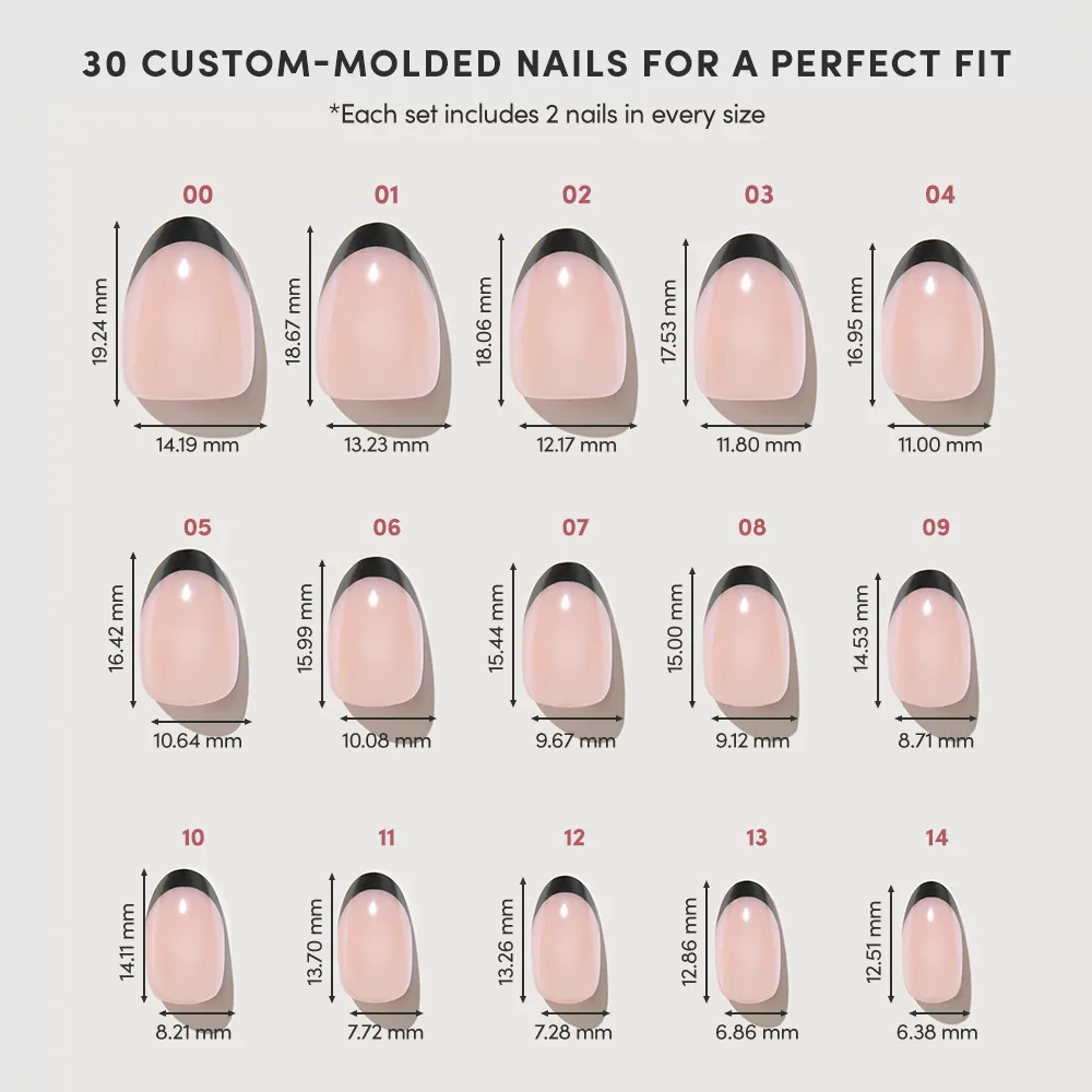 A chart displays 15 sizes of glossy glazed "Smoke Salt" nails by glamnetic, each numbered with width and length measurements. Text above notes each set includes 30 nails—two of each size. - Product image