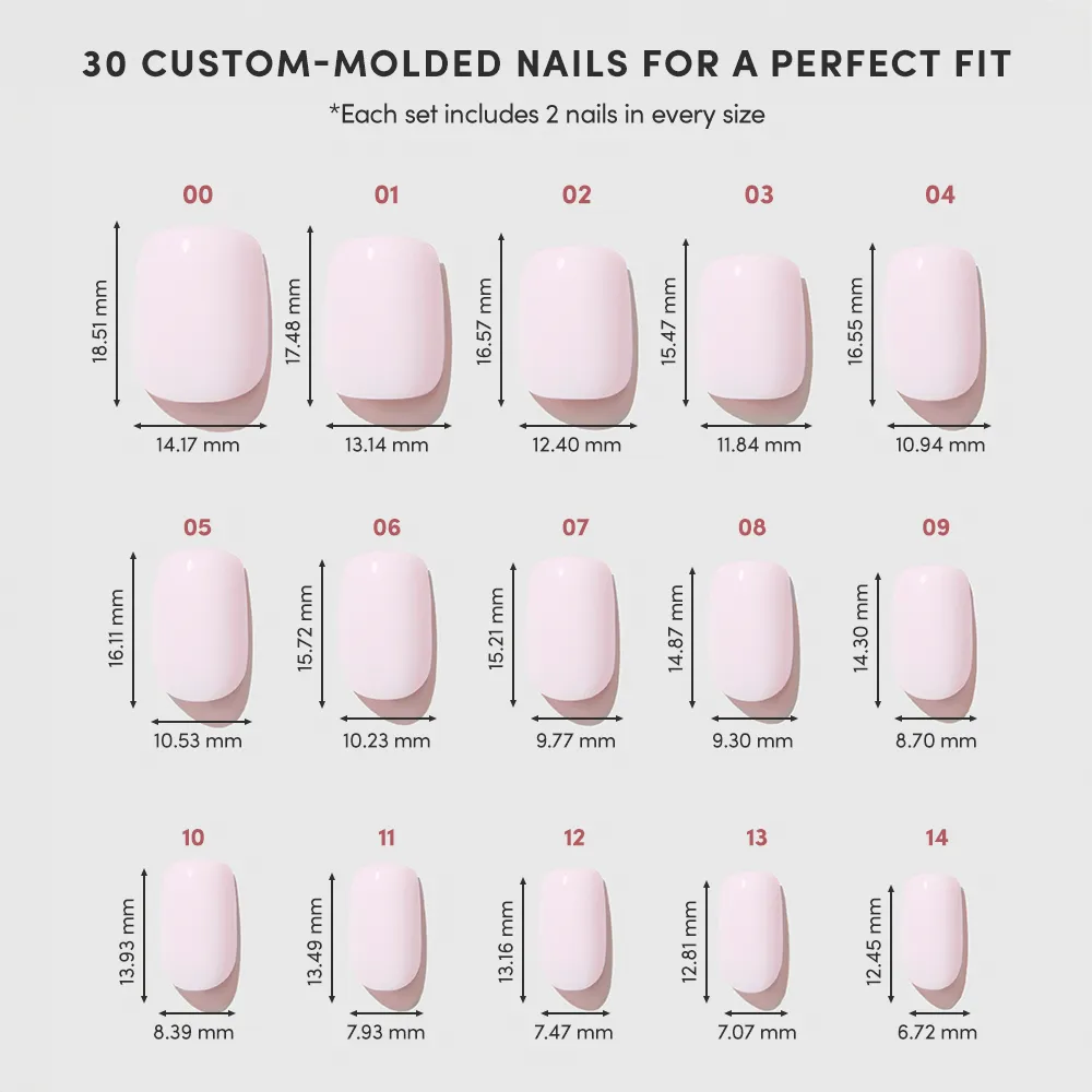 A chart showcases 15 sizes of glamnetic’s Soft Girl Press-On Nails, labeled 00–14. Each short squoval nail is pale pink with salon-quality measurements (width/height in mm) listed below for a perfect fit. - Product image
