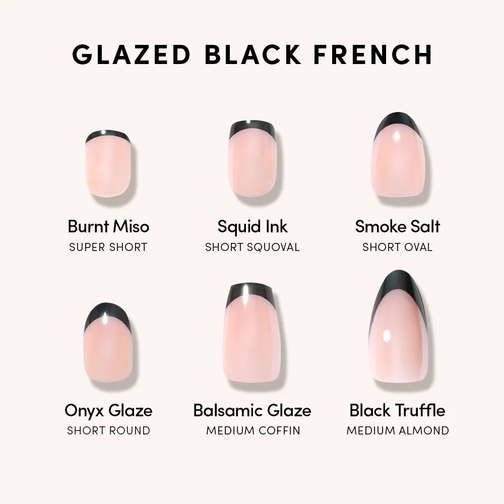 Six bold French tip designs: super short (Burnt Miso), short squoval (glamnetic Squid Ink), short oval (Smoke Salt) with a glazed finish, short round (Onyx Glaze), medium coffin, and medium almond. - Product image