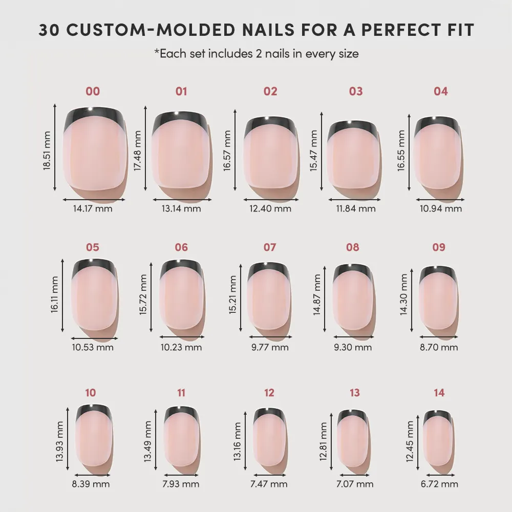 The glamnetic Squid Ink set features 30 custom-molded press-on nails in 15 sizes, each with width and height in millimeters, arranged largest to smallest, all finished with a glossy glazed look. - Product image