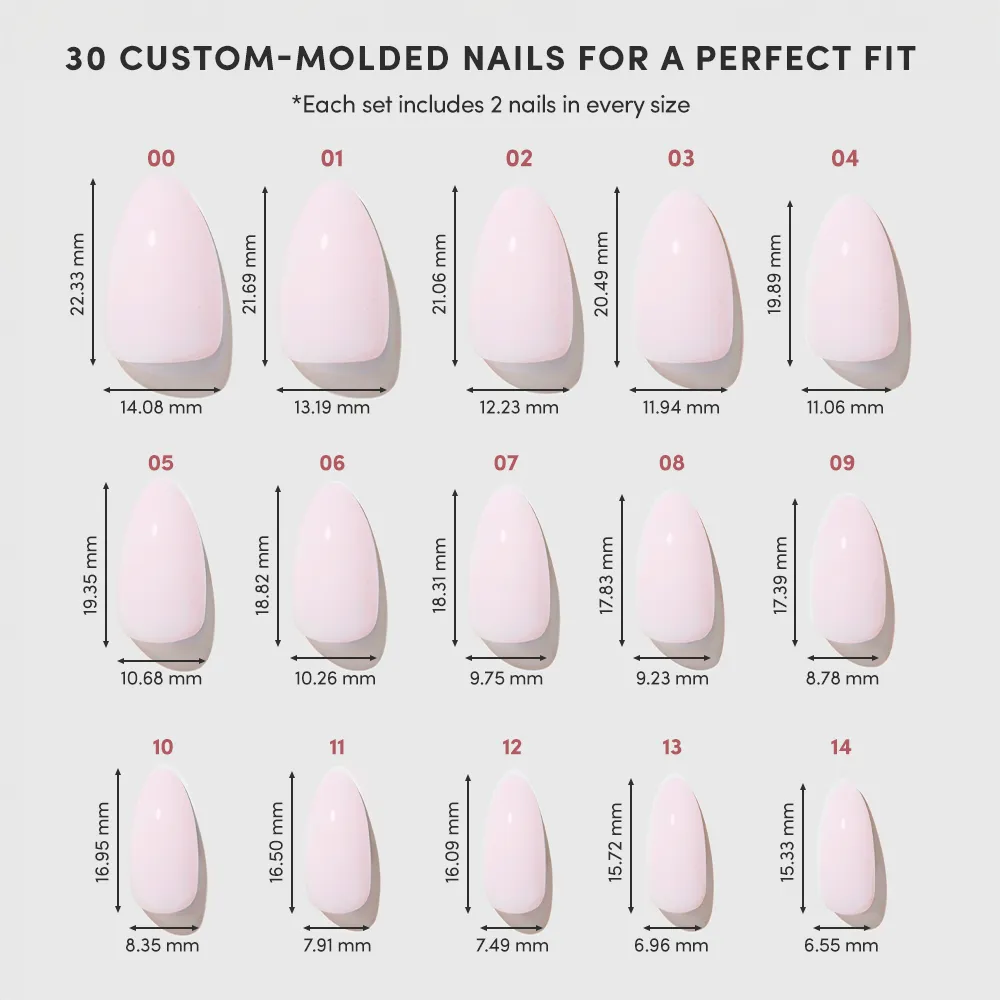 A chart shows 15 sizes of glamnetic Sugar Doll glossy pink press-on nails, each numbered and labeled with height and width dimensions in millimeters. - Product image