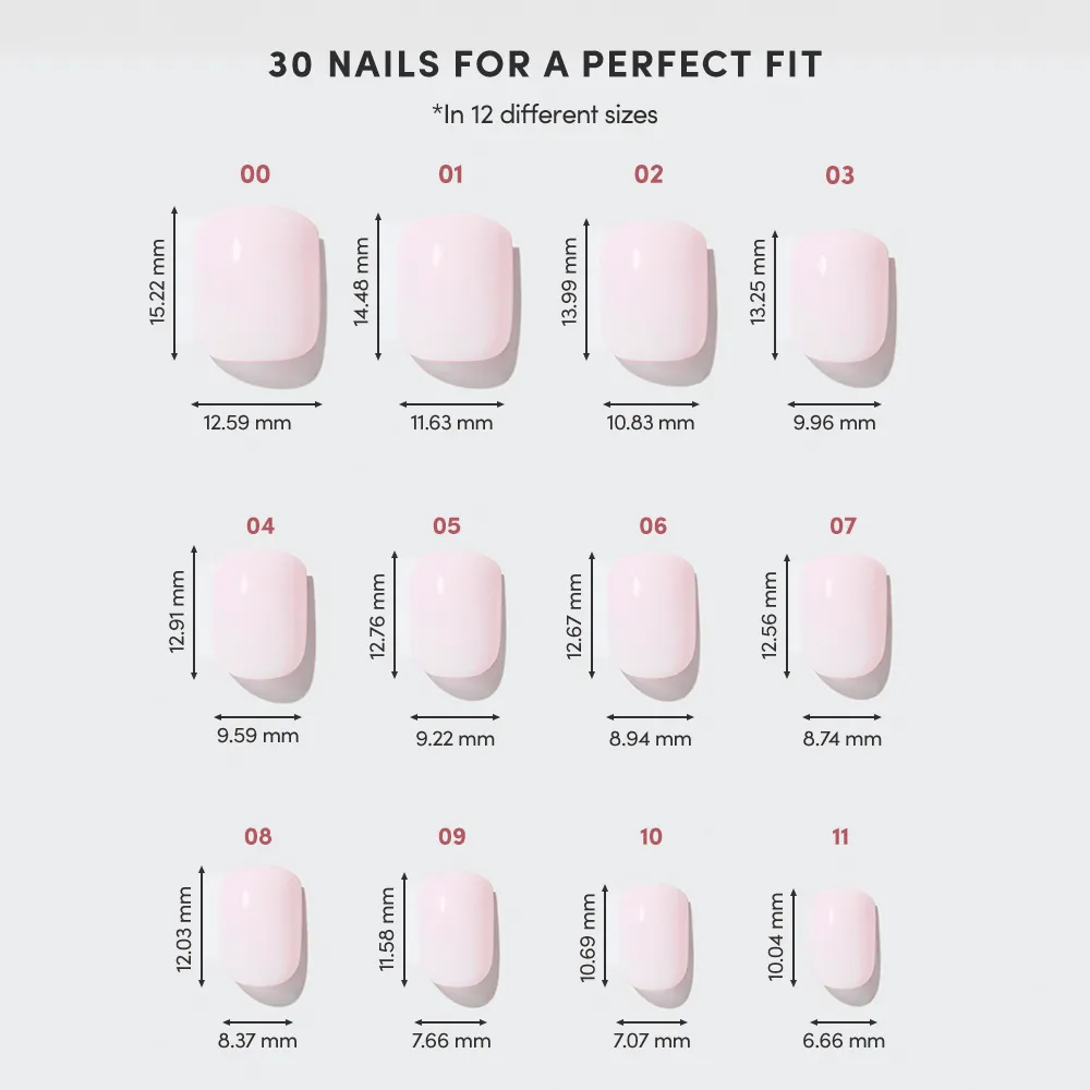 The glamnetic Sweetie Set chart shows 12 light pink, oval-shaped, super short press-on nails (sizes 00–11). Each salon-quality nail lists its width and height in mm below for a perfect fit. - Product image