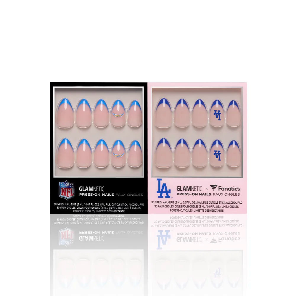Two boxes of glamnetic Los Angeles All-Stars press-on nails are displayed: one set features blue and gold French tips for the Chargers, and the other has blue tips with Dodgers logos. Both sets are officially licensed sports nail designs.
