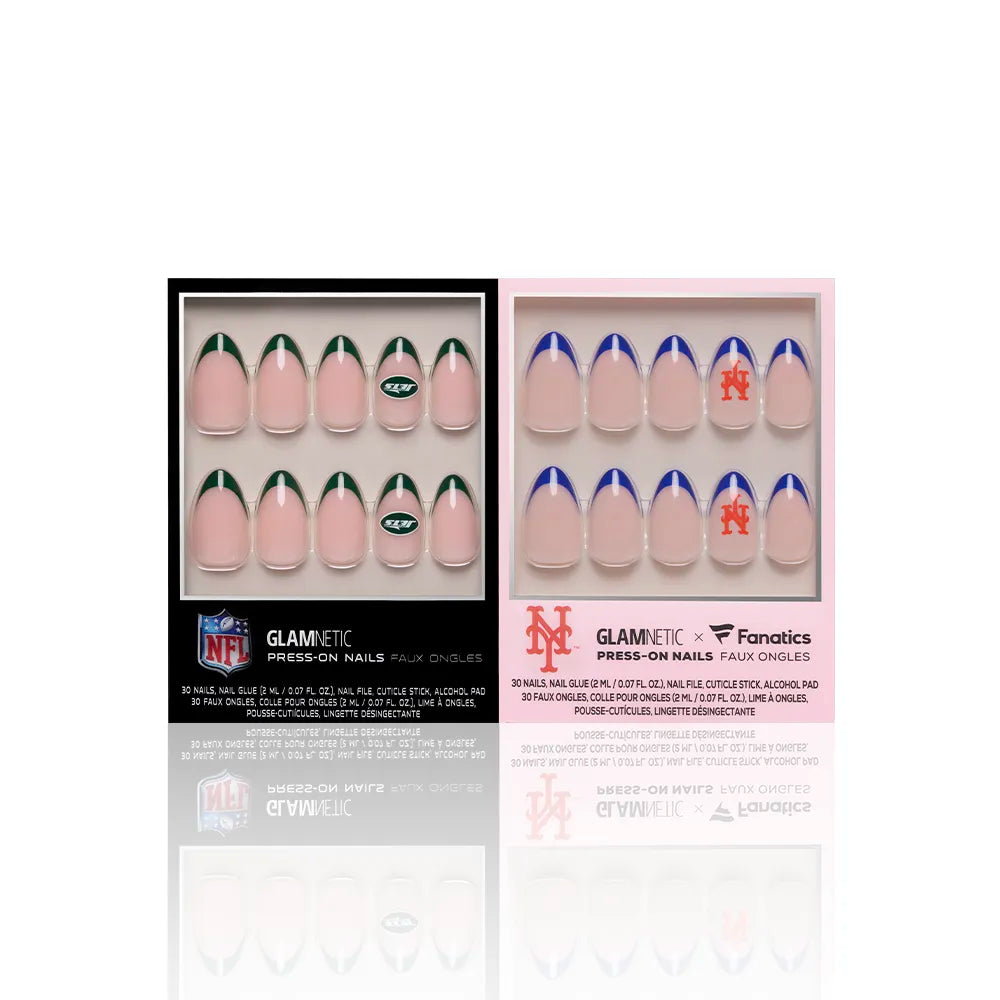 Two boxes of glamnetic's New York All-Stars nail sets are shown: the left with pink nails and green edges for the Jets, and the right with pink nails, blue edges, and Mets logos.