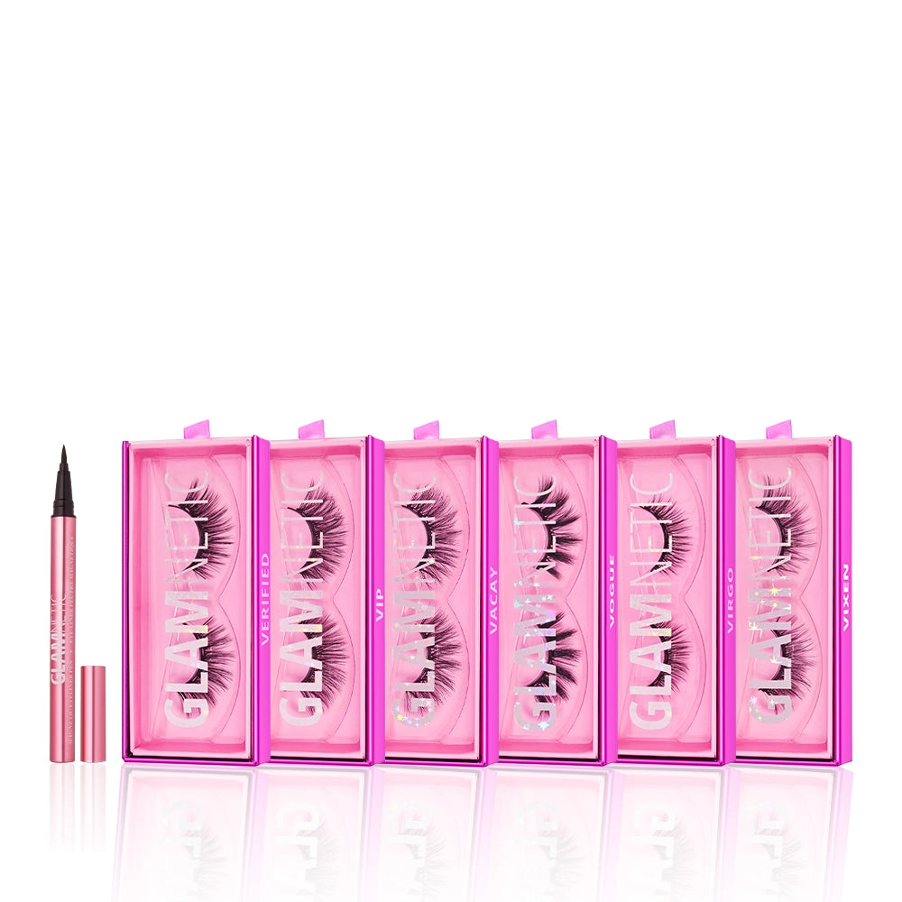 Six pink cases of glamnetic’s Ultimate Lash Wardrobe are lined up beside a black eyeliner pen with a pink cap, all arranged neatly on white—a perfect bundle for magnetic lash lovers. - Product image