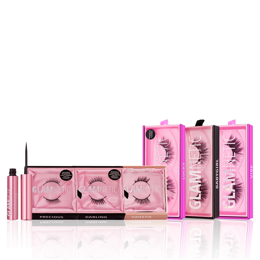 Glamnetic Lash Out Loud set includes three reusable magnetic lash sets—Precious, Darling, and Sweetie—in pink packaging, a magnetic eyeliner, and three upright individual lash boxes.