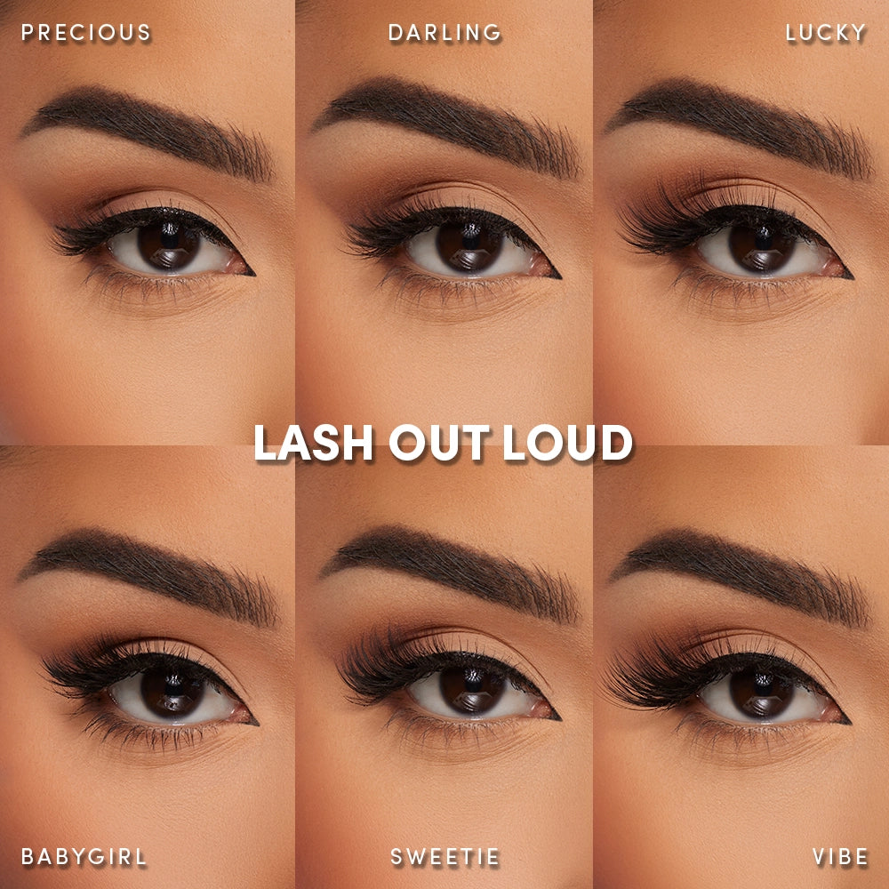 A collage of six close-up eye images showcases glamnetic's Lash Out Loud lashes in styles: Precious, Darling, Lucky, Babygirl, Sweetie, and Vibe. The text "LASH OUT LOUD" appears at the center.