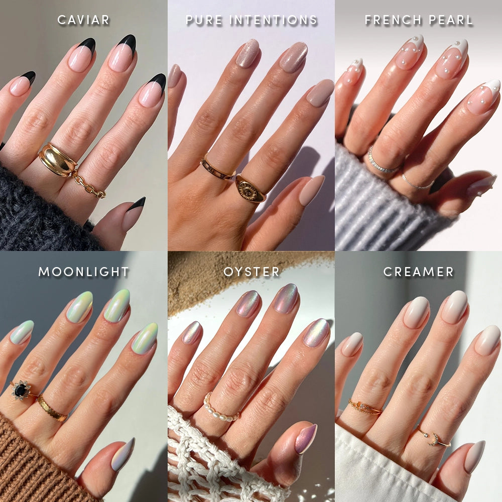 A collage of six hands shows glamnetic’s Pearly Pick-Me-Ups premium nail sets: Caviar (black tips), Pure Intentions (sheer nude), French Pearl (white pearl), Moonlight (iridescent), Oyster (chrome shimmer), and Creamer (matte nude).