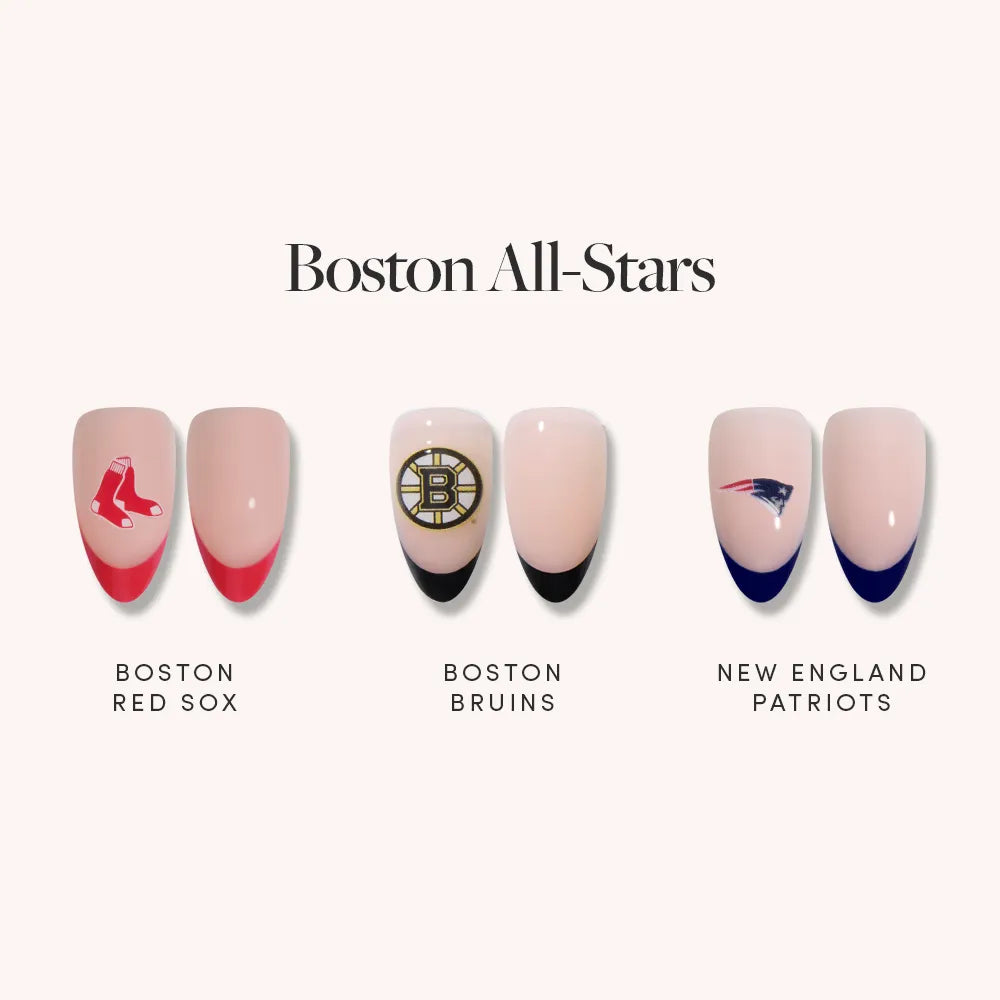 The glamnetic Boston All-Stars includes three officially licensed press-on nail sets inspired by the Boston Red Sox, Bruins, and Patriots, each featuring team colors and logos.