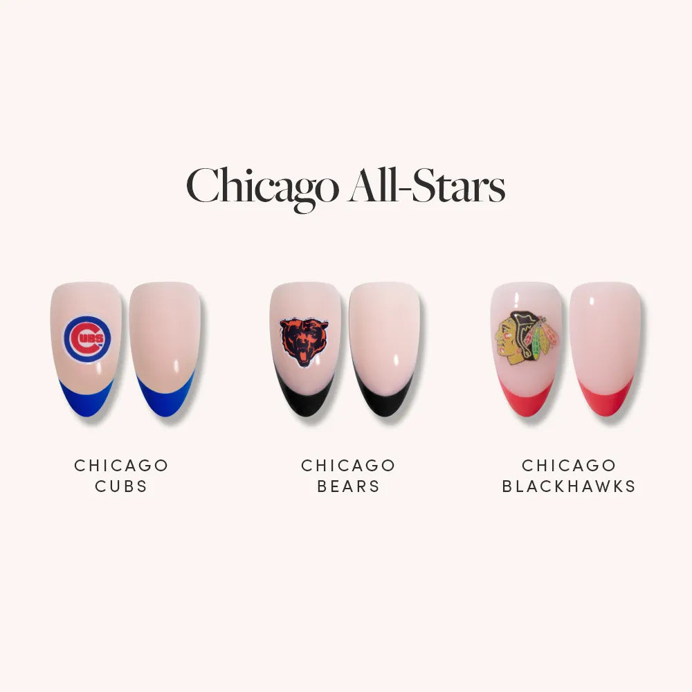 Glamnetic’s Chicago All-Stars press-on nails feature three manicured sets: Cubs logo with blue tips, Bears logo with black tips, and Blackhawks logo with red tips—perfect for Chicago sports fans.