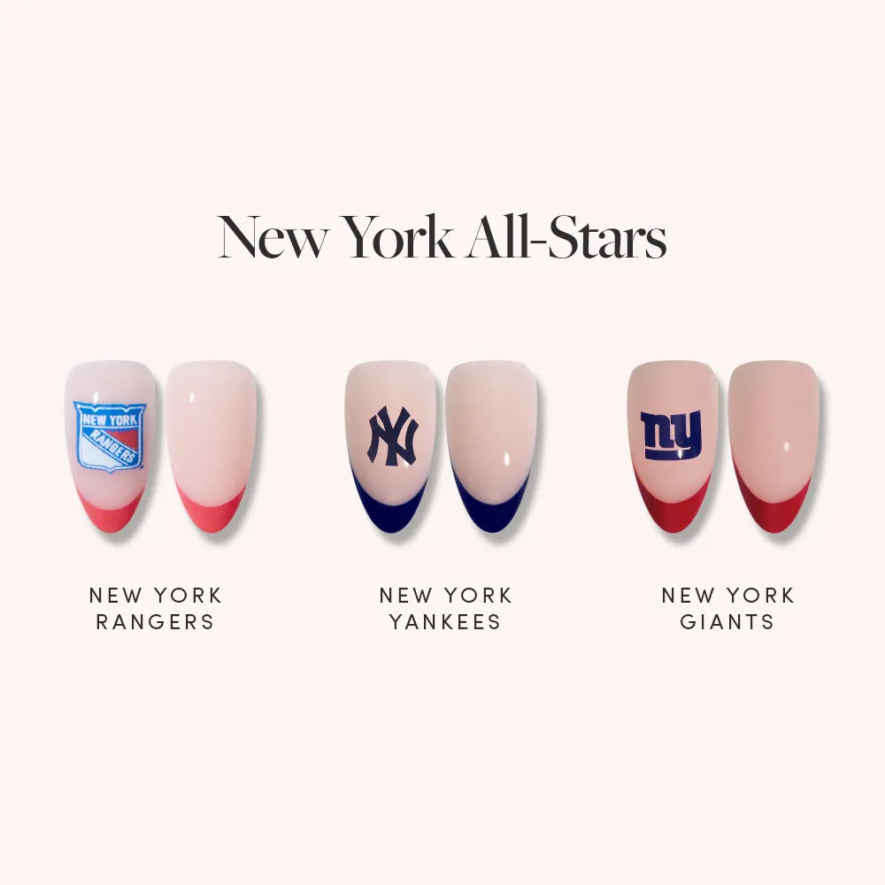 Three glamnetic fake nails from the New York All-Stars set show red French tips and logos of the Rangers, Yankees, and Giants, with team names below each design and “New York All-Stars” text above. Officially licensed.