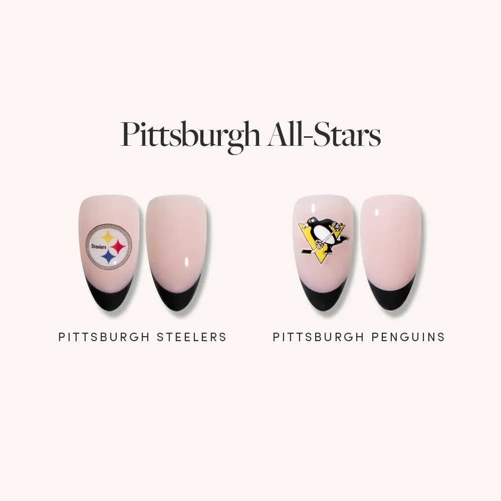 Show your spirit with glamnetic’s officially licensed "Pittsburgh All-Stars" nail sets—four nude nails with black tips, featuring both the Steelers and Penguins logos. Perfect for every Pittsburgh fan!.