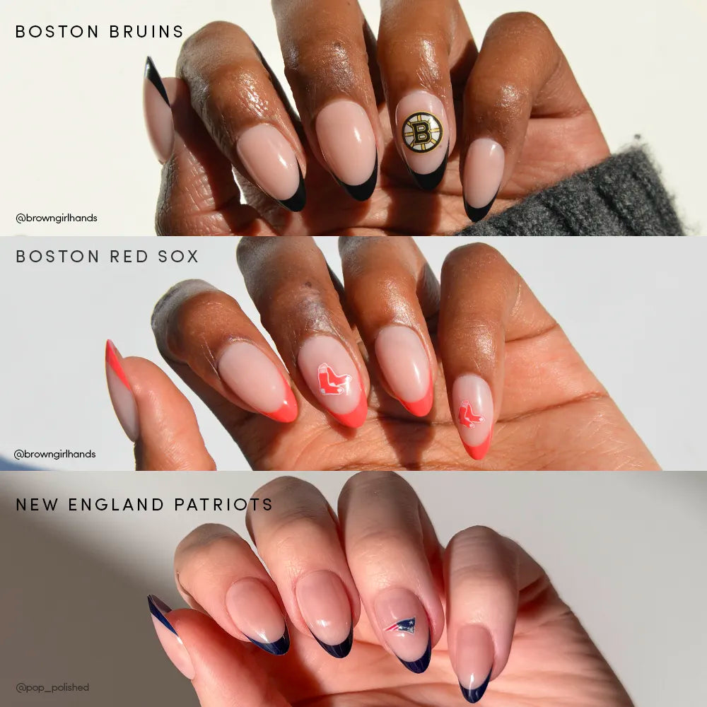 Three hands with almond-shaped French tip nails for the Bruins, Red Sox, and Patriots, using officially licensed glamnetic Boston All-Stars press-on nail sets. - Product image