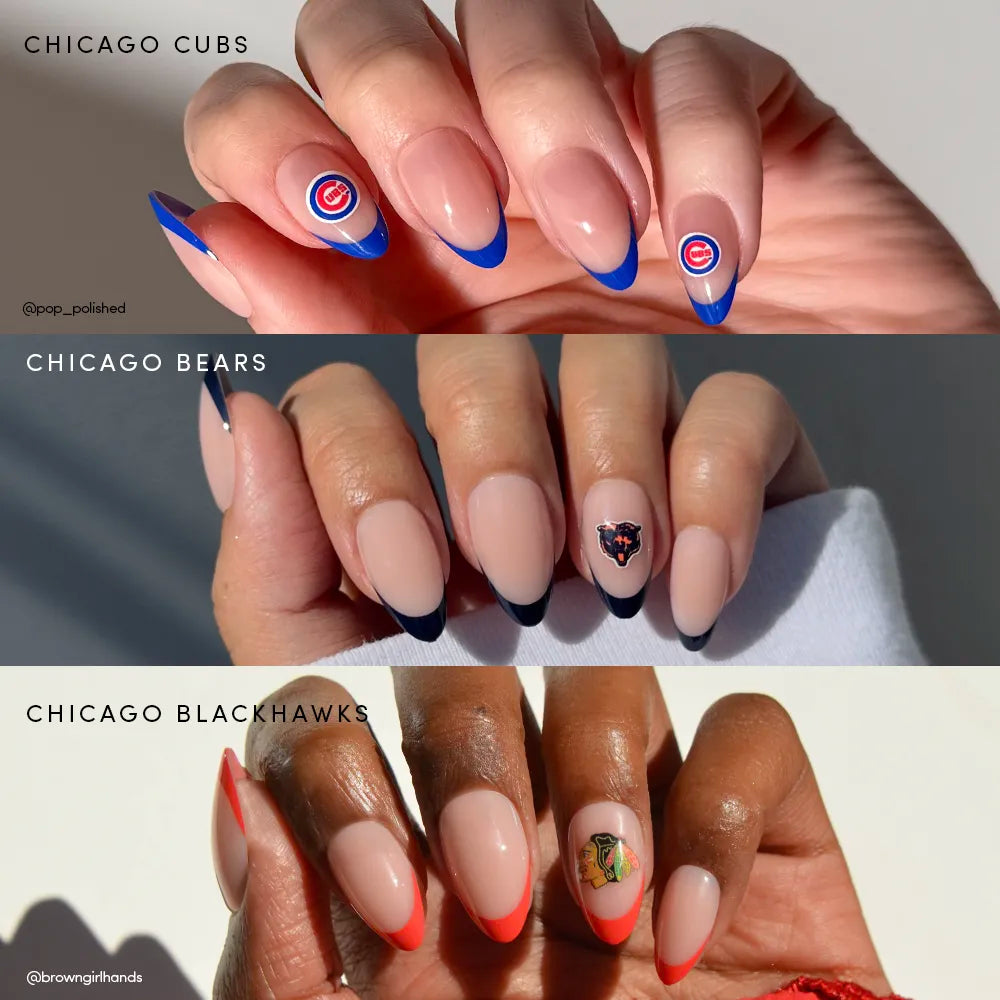 Chicago All-Stars by glamnetic: Three officially licensed nail sets—blue French tips with Cubs logos, navy tips with a Bears logo, and red tips featuring the Blackhawks—perfect for any Chicago sports fan. - Product image