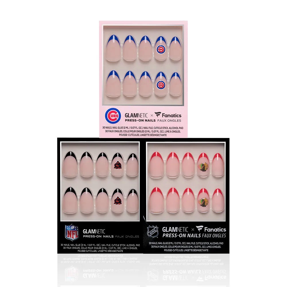 Three officially licensed Chicago All-Stars nail sets by glamnetic: The top box has blue and red Cubs-inspired press-ons, while the bottom two feature black-and-red sports fan designs inspired by NFL and other teams. - Product image