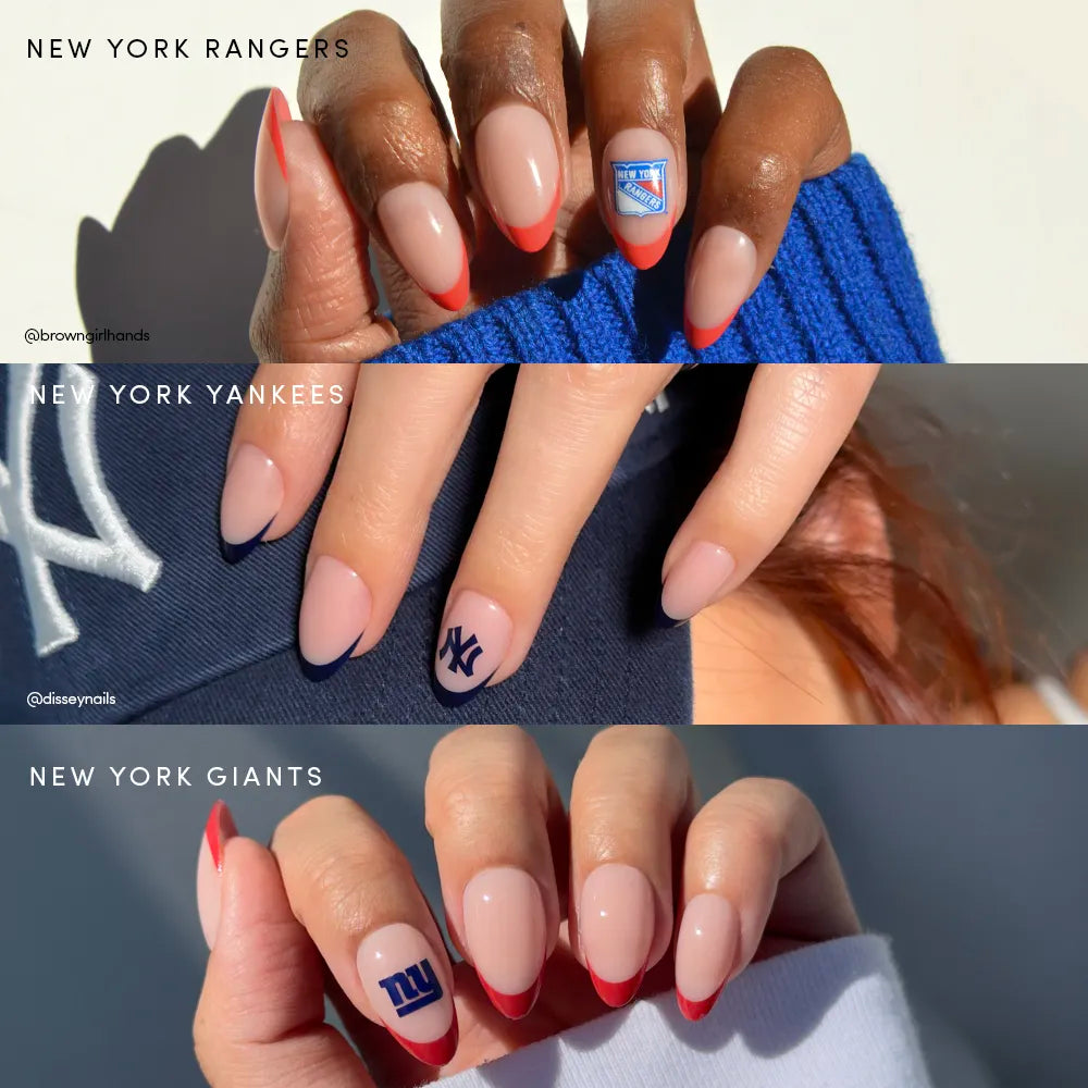 Three manicured hands show off glamnetic's New York All-Stars: press-on nails featuring Rangers blue/red tips, Yankees NY blue tips, and Giants red with blue/red logo—perfect for any New York sports fan. - Product image
