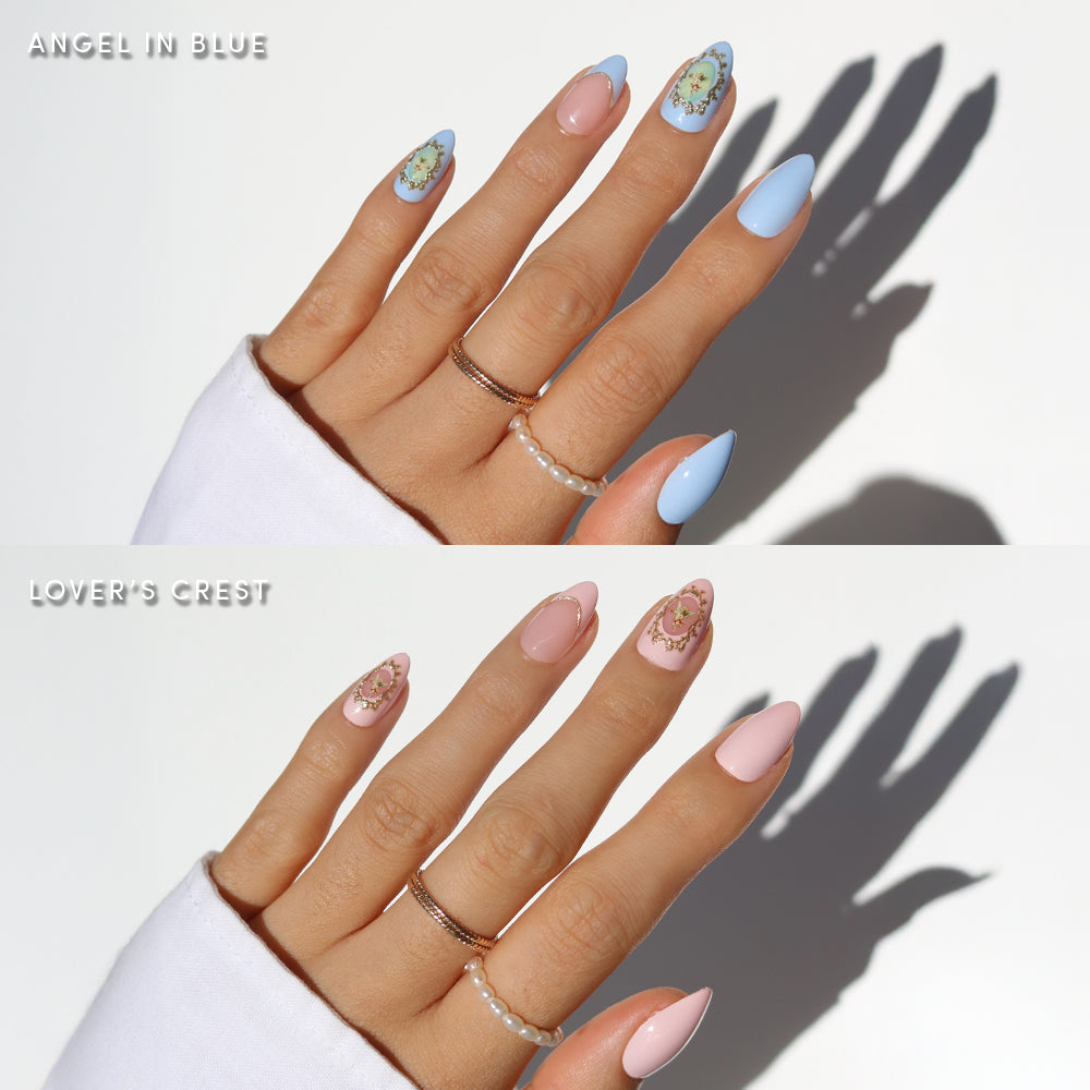 The top image shows glamnetic's "Heaven Sent" almond nail set—pastel blue cherub nails with floral art and 3D gold details. The bottom features pale pink Heaven Sent nails with delicate designs. Simple rings and clear shadows complete the look.