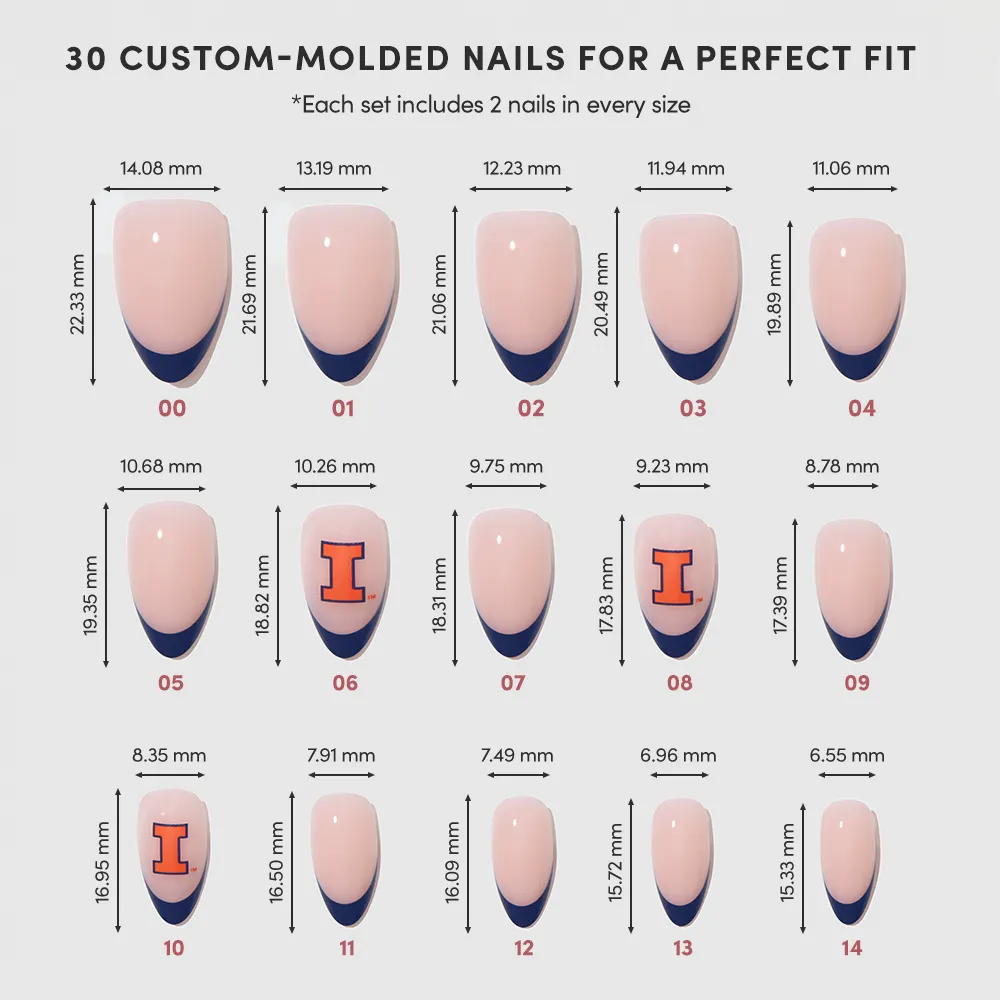 Image displaying the Illinois Fighting Illini Press-On Nail Set by glamnetic: 15 sizes of nude nails with dark blue French tips, each labeled with size and mm dimensions; two nails feature an orange Illinois "I" logo. - Product image