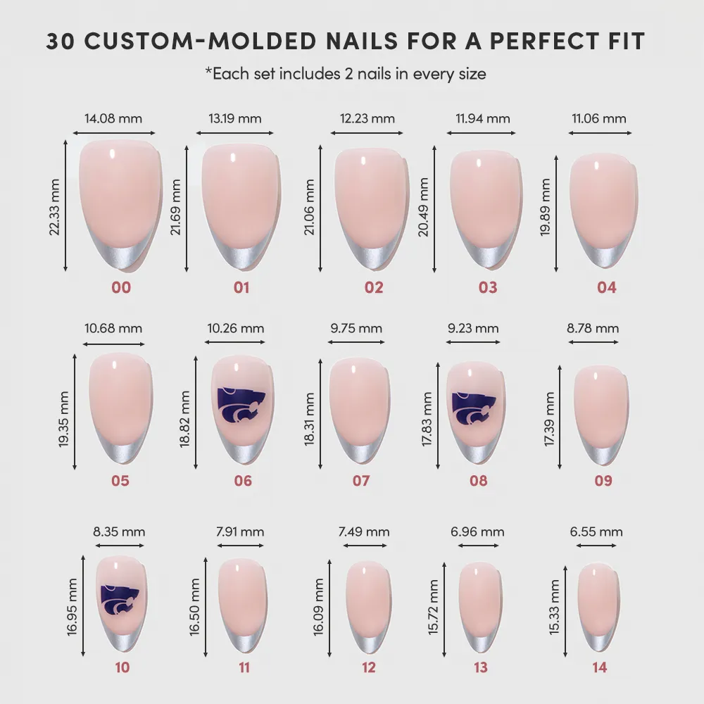 A chart displays the glamnetic Kansas State Wildcats Press-On Nail Set, showing 15 custom sizes—two nails per size—in rows, with length and width (mm) labeled under each nail shape. - Product image
