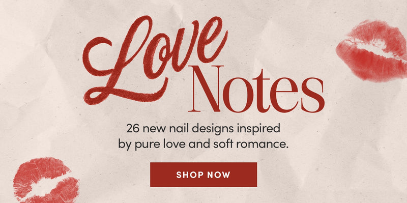 Love Notes navigation banner highlighting 26 new Glamnetic press-on nail designs inspired by pure love and soft romance1