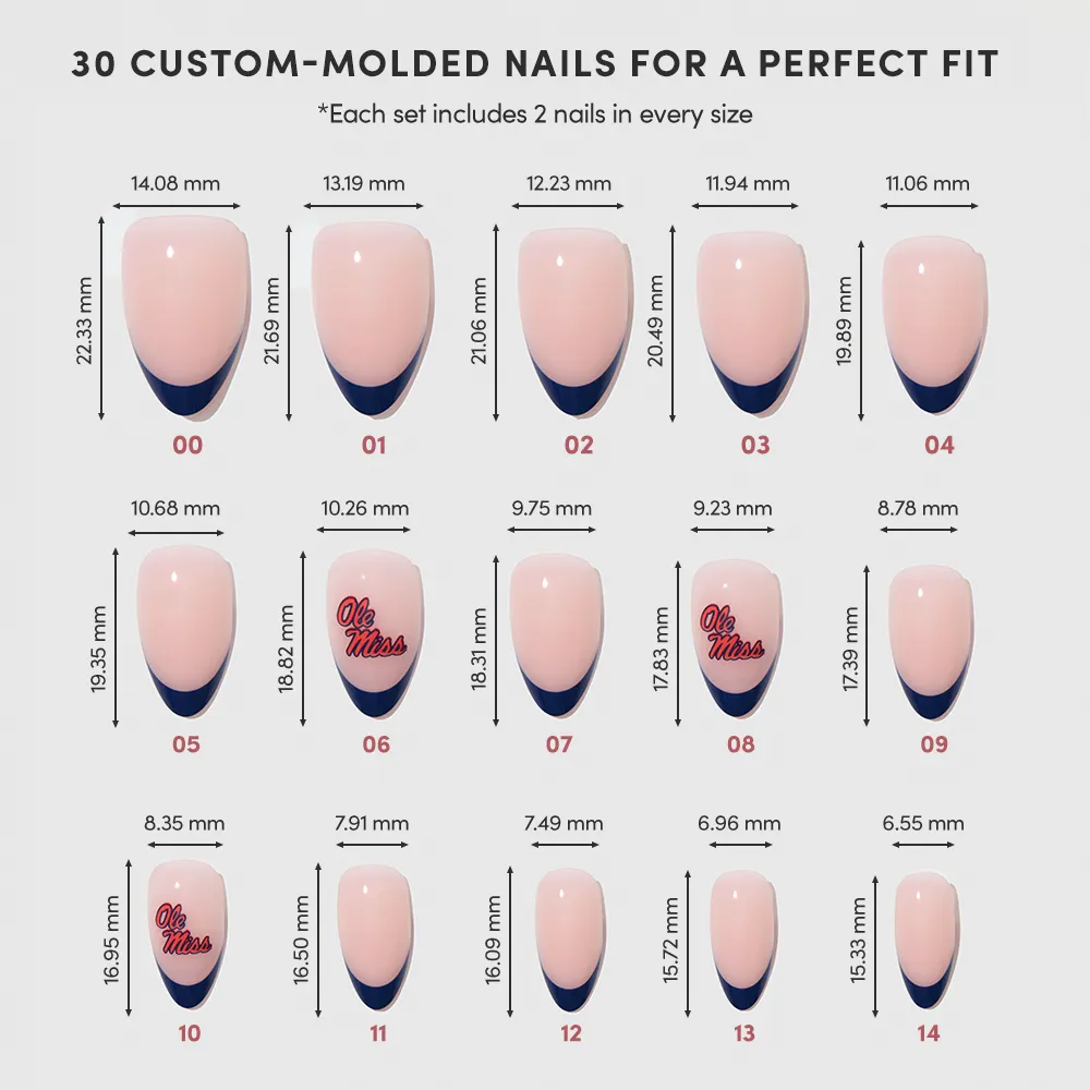 Image displays 15 salon-quality nail sizes (01–15) with mm dimensions, some with blue tips or Mississippi Rebels logos. Text: 30 custom-molded glamnetic Mississippi Rebels Press-On Nails for a perfect fit. - Product image