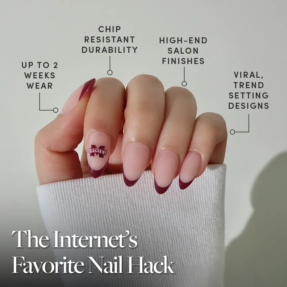 Show off your team spirit with glamnetic's Mississippi State Bulldogs Press-On Nail Set! Features long, almond-shaped nails with maroon French tips, an accent sticker nail, trendy designs, high-end finishes, and up to 2 weeks of durable wear. - Product image