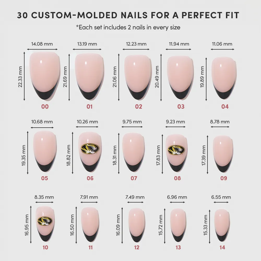 A chart displays the glamnetic Missouri Tigers Press-On Nail Set with 15 custom-molded nails, each labeled by size and millimeter dimensions. Sizes 07 and 08 feature gold accents; all other nails have bold black French tips. - Product image