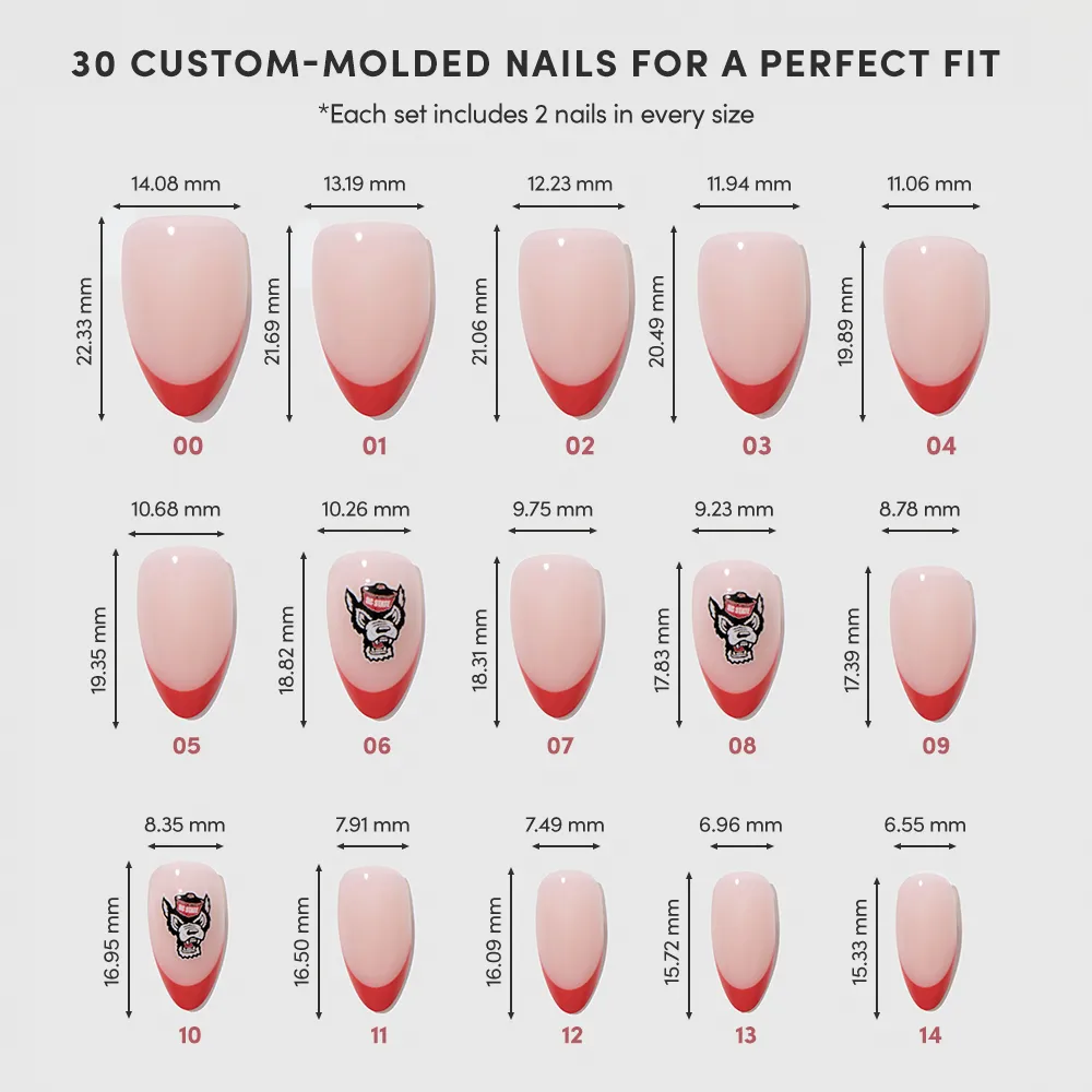 A chart showing 15 sizes of glamnetic's NC State Wolfpack Press-On Nail Set, each labeled with width and length in millimeters. Some nails have red French tips, two feature a cat face design, and each size includes 2 nails. - Product image