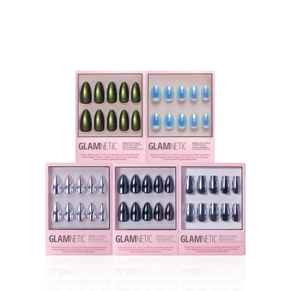 Five boxes from glamnetic's The After Party Bundle, featuring metallic chrome and holographic press-on nails in metallic green, iridescent blue, silver, metallic black, and navy blue, are arranged in two rows on a white background. - Product image