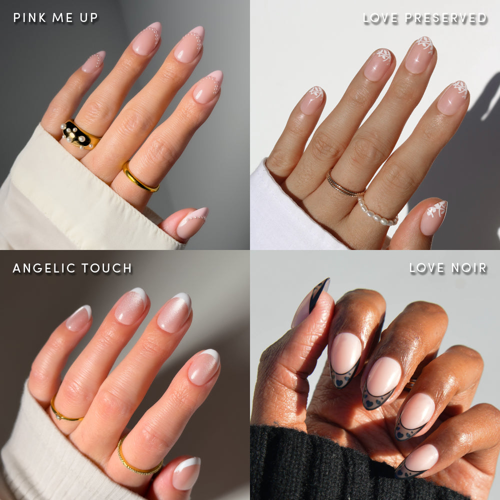 A collage of four hands with modern nail designs: Pink Me Up (pink nails with gold and pink flecks), The French Kiss by glamnetic (almond nails with white floral French tips), Angelic Touch, and Love Noir.