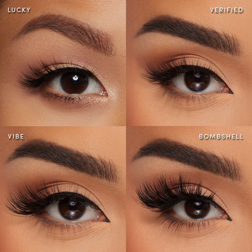 Close-up of four eyes flaunting glamnetic's Viral at Midnight Bundle, each featuring bold lashes with dramatic cat-eye styles and varying volumes and shapes paired with groomed brows.