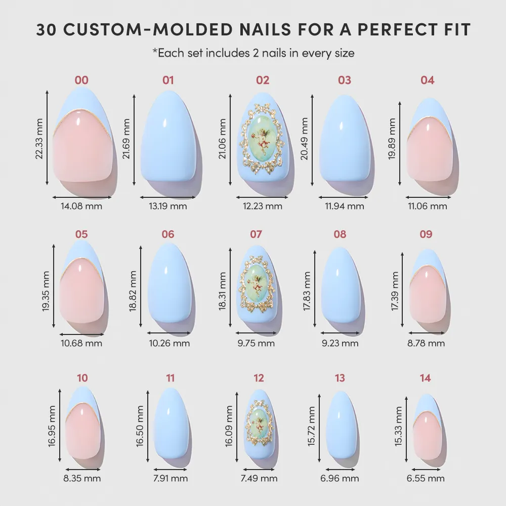Angel in Blue by glamnetic: 15 custom-molded, short almond nails in pastel pink and blue, featuring floral accents and 3D gold art inspired by Victorian romance; each nail’s size shown below for perfect fit. - Product image