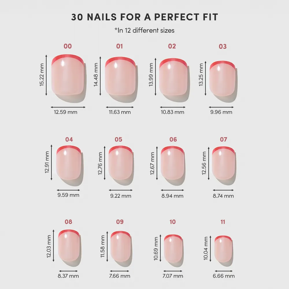 Chart of 12 glamnetic Hotline Red artificial nail sizes (00–11), each with pink tips and red micro French tips, showing width and length in mm from largest to smallest for a custom fit. - Product image
