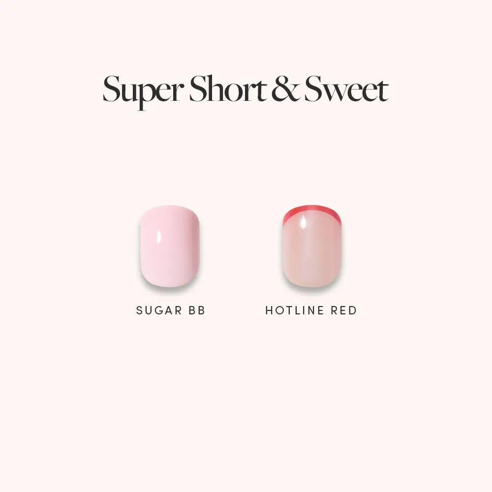 Two glamnetic artificial nails from the "Super Short &amp; Sweet" set are shown: the left is light pink ("Sugar BB"), and the right is nude with red French tips ("Hotline Red"). Both are displayed side by side on a light background.