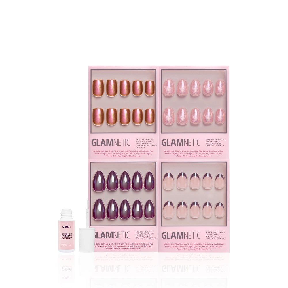 Four sets of glamnetic “Luscious Glaze” pink and purple fake nails, including a chrome set, with nail glue, applicator, and UV gel top coat are displayed in pink boxes against a white background. - Product image