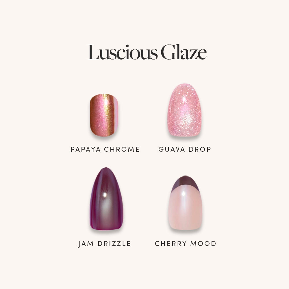 Luscious Glaze by glamnetic features four vibrant nail polish swatches—Papaya Chrome (orange-gold shimmer), Guava Drop (sparkly pink), Jam Drizzle, and Cherry Mood—perfect for pairing with your favorite UV gel top coat.