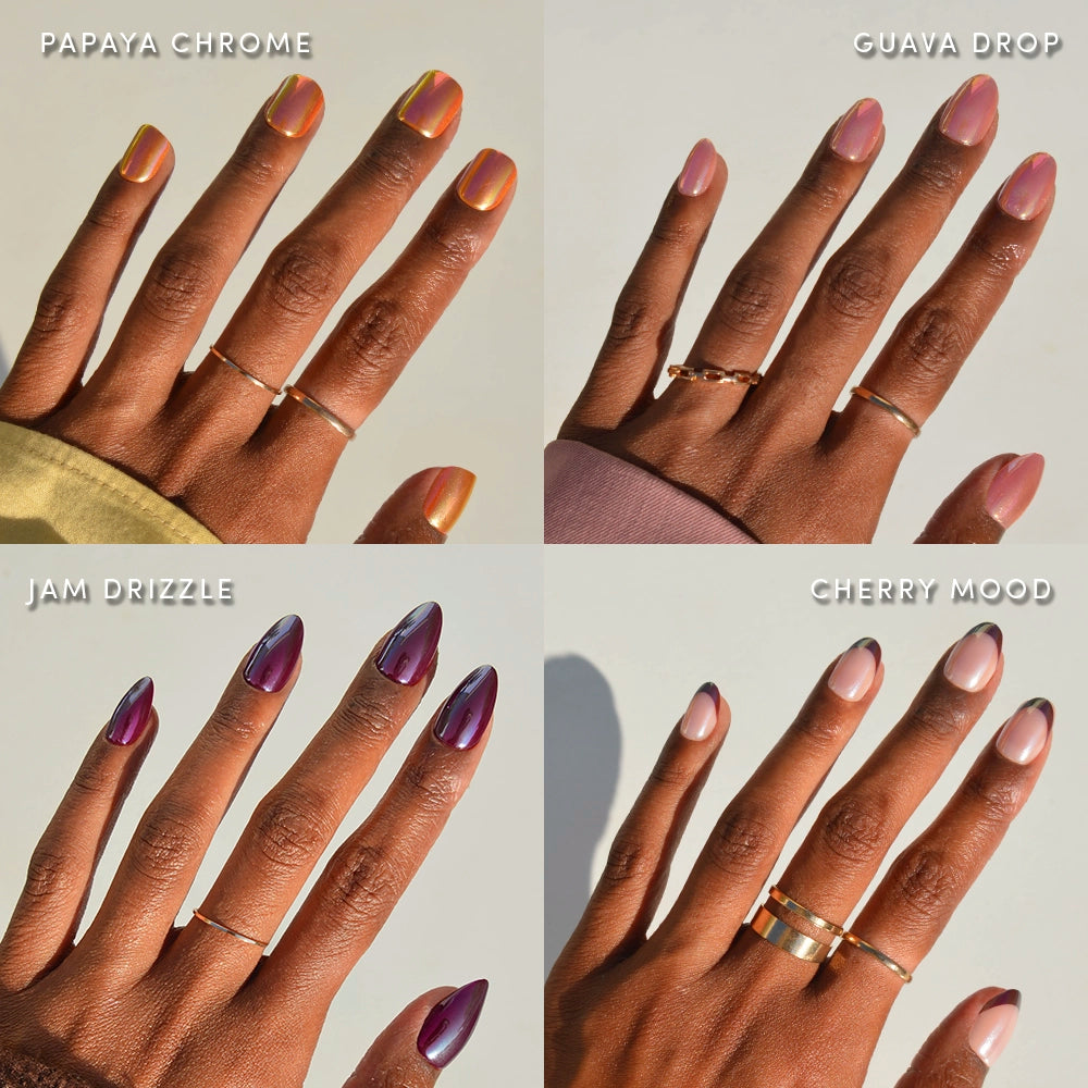 Four images display hands with Luscious Glaze nails by glamnetic: Papaya Chrome (orange chrome), Guava Drop (light pink), Jam Drizzle (dark purple gradient), and Cherry Mood (soft pink with red tips), all finished with a UV gel top coat.