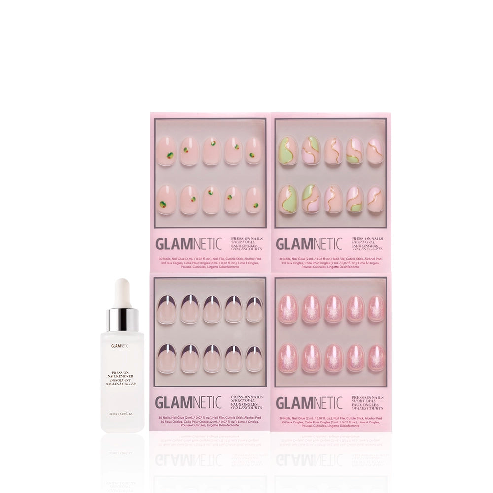 Four packages of glamnetic press-on nails in the Sweet Sips design, featuring a short oval glossy pink and green style, are displayed above a glamnetic nail serum with dropper, all arranged on a white background. - Product image