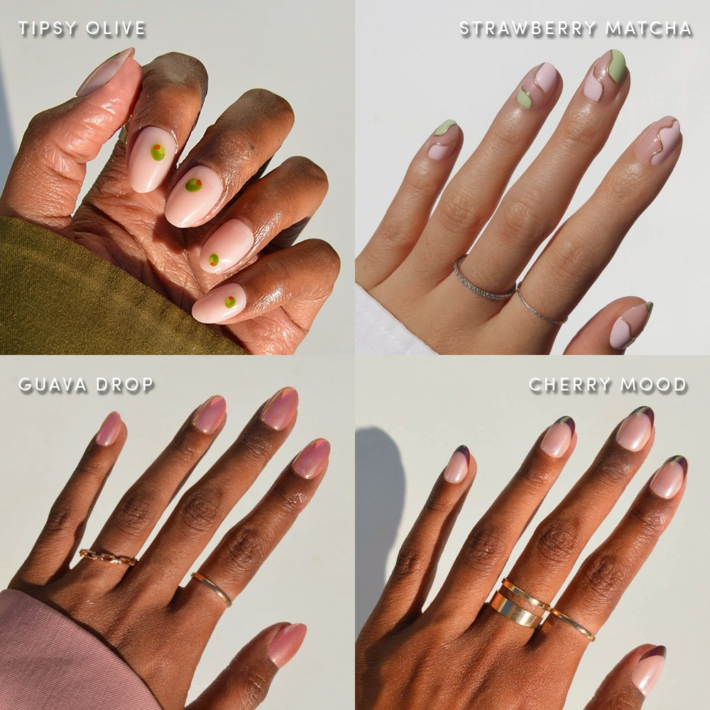 Four photos of manicured hands show short oval nail set styles from glamnetic’s Sweet Sips: olive dots on nude, light green and pink shapes, pink with white tips, and pink with red tips.