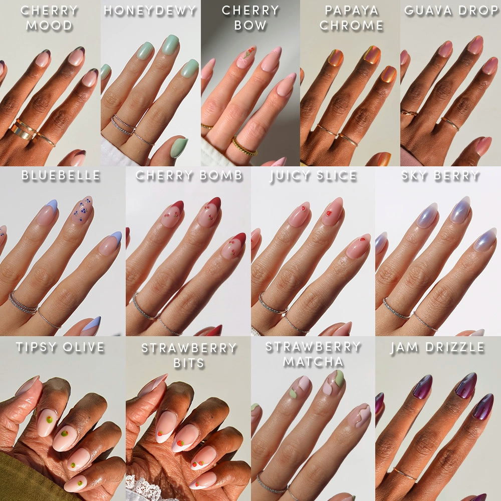 A grid of hands flaunts glamnetic's Juicy Drop Collection, featuring almond nail sets like Cherry Mood, Honeydewy, and Bluebelle—each with a standout pastel or fruity design and a glossy finish.