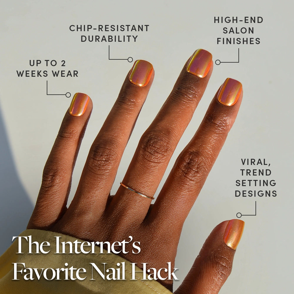 A hand with shiny, iridescent Papaya Chrome press-on nails by glamnetic is shown. Text highlights up to 2 weeks’ wear, chip-resistant durability, salon-quality finish, and viral designs. At the bottom: The Internet’s Favorite Nail Hack. - Product image