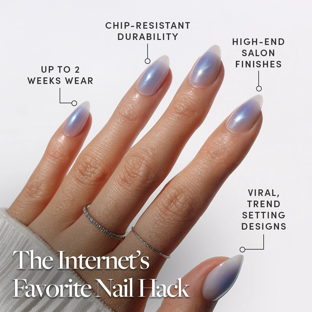 A hand with long, almond “Sky Berry” nails by glamnetic is shown. Text highlights their chip-resistant press-on design, high-end finishes, trendy look, and up to 2 weeks wear. Caption: The Internet’s Favorite Nail Hack. - Product image