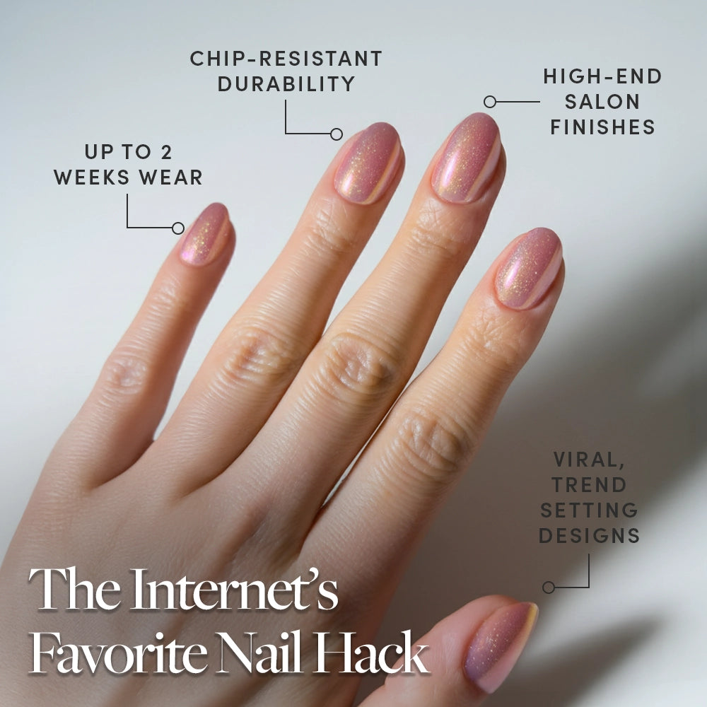 A hand with neatly manicured, shimmering pink short oval nails in glamnetic's Guava Drop. Text highlights chip-resistant durability, up to 2 weeks wear, a high-end glazed finish, and viral trend-setting press-on designs. Title: The Internet’s Favorite Nail Hack. - Product image
