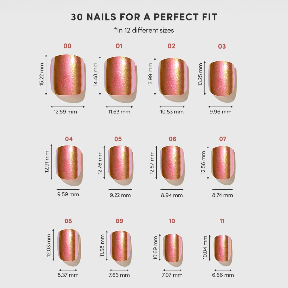 A chart for glamnetic's Papaya Chrome shows 12 vegan, cruelty-free nail sizes, each with a numbered image and labeled width and length in millimeters. The heading reads "30 Nails for a Perfect Fit. - Product image