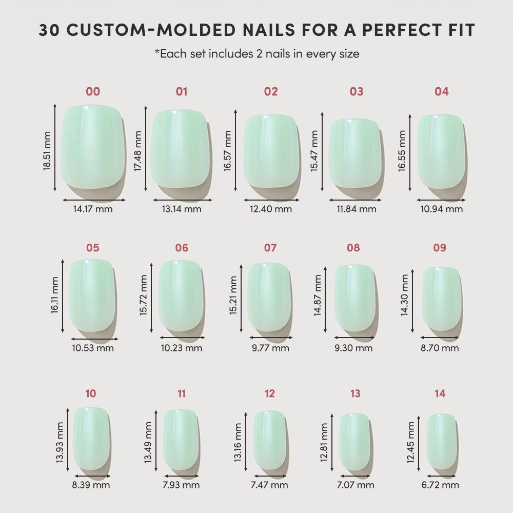 Image displaying 15 sizes of mint green Honeydewy press-on nails by glamnetic, labeled 00–14 with width and length in mm. Text: 30 Vegan Cruelty-Free Nails for a Perfect Fit. - Product image