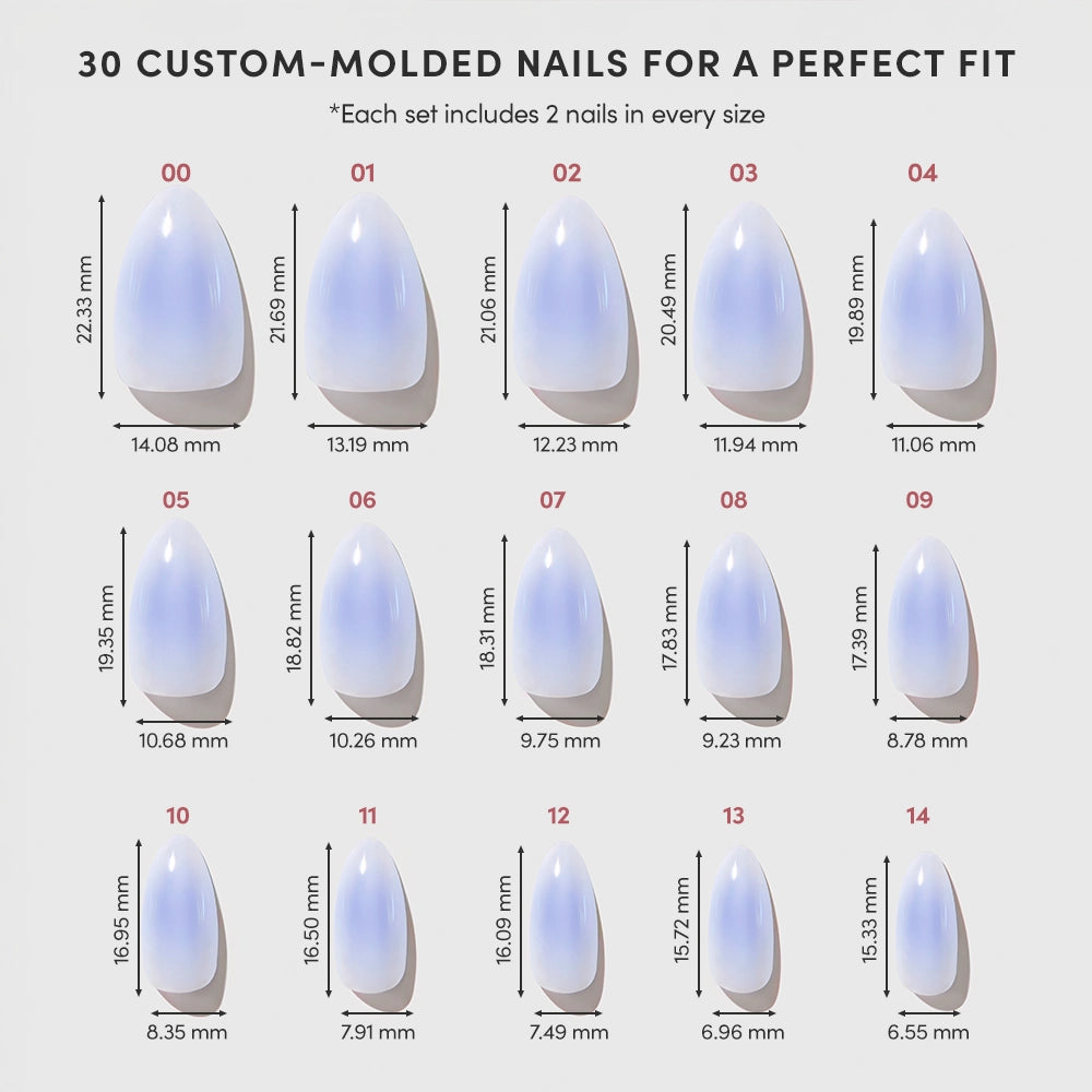 A chart of Sky Berry nails by glamnetic, featuring popular almond shapes and glazed finishes—ideal for customizing your press-on nail look. - Product image