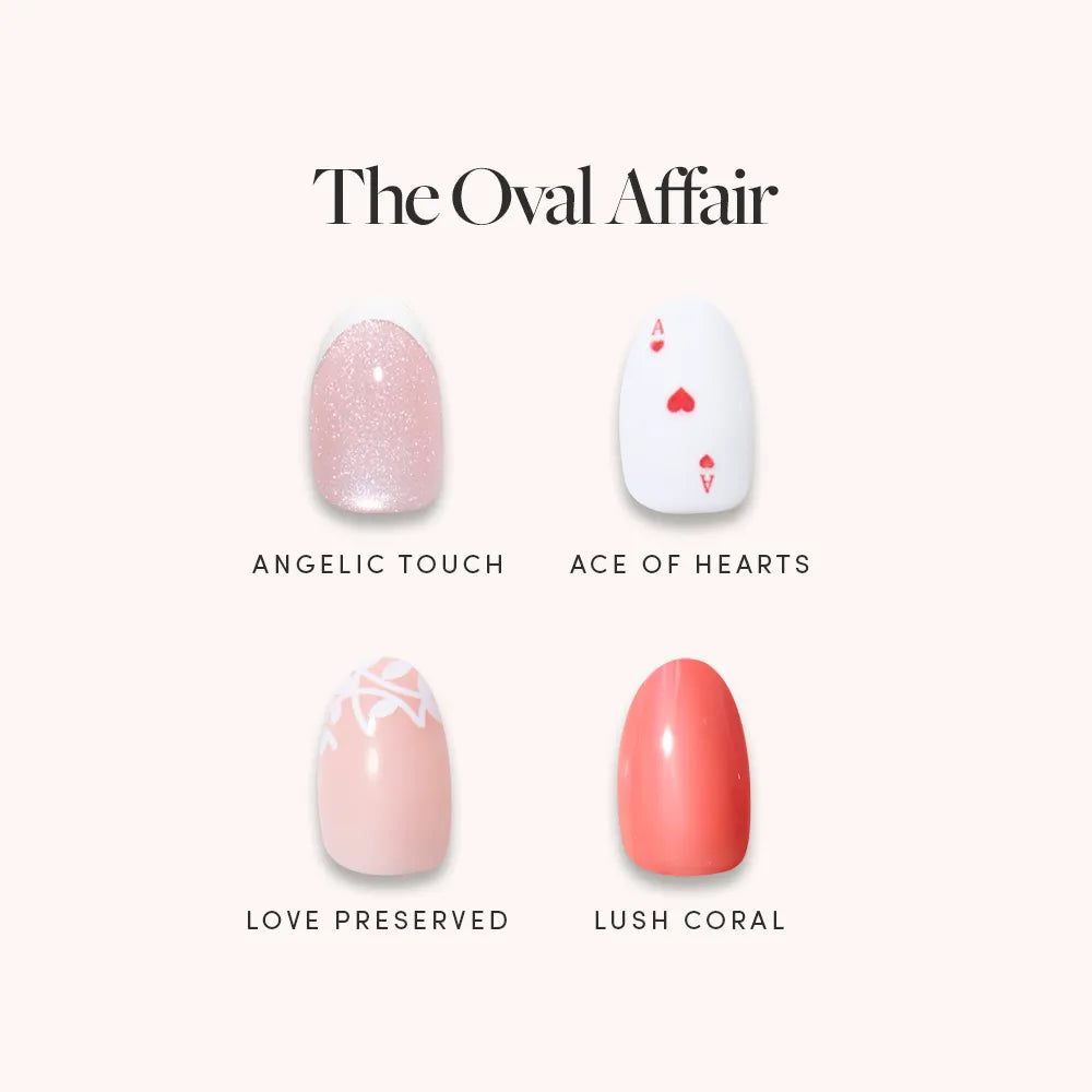 Glamnetic’s The Oval Affair features four soft-luxury oval nail designs: shimmery light pink (Angelic Touch), pale pink with red heart &amp; “A” (Ace of Hearts), soft pink with abstract lines (Love Preserved), and glossy coral (Lush Coral).