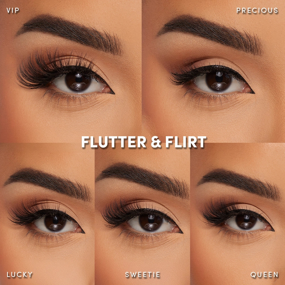 A collage of five close-up eyes showcases glamnetic's Flutter &amp; Flirt Bundle, featuring VIP, Precious, Lucky, Sweetie, and Queen lashes in various volumes and lengths, including cat-eye half lash styles.