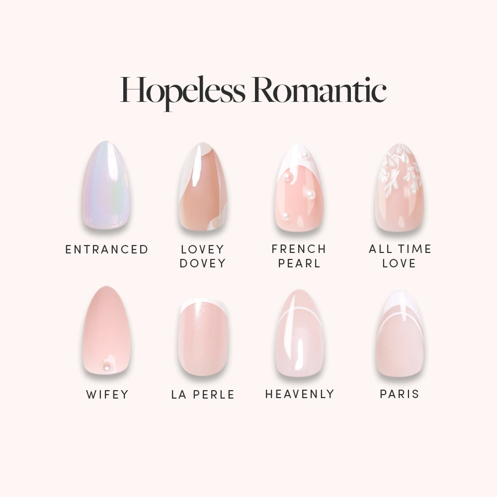 The Hopeless Romantic Bundle by glamnetic features 8 pastel and pink-toned nail designs—Entranced, Lovey Dovey, French Pearl, All Time Love, Wifey, La Perle, Heavenly, and Paris—including classic French tip and 3D pearl accents.