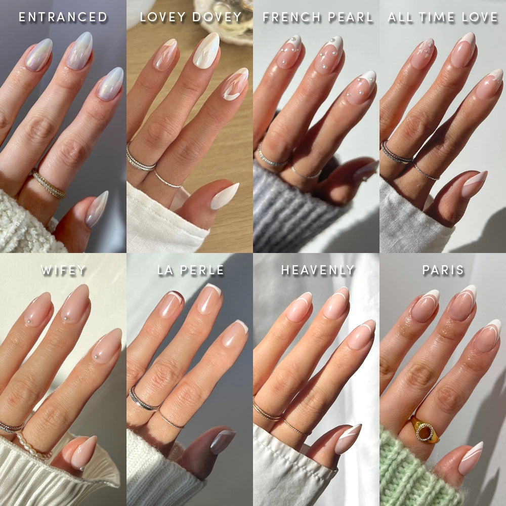 A collage of eight hands with neutral and pearlescent nail designs—Entranced, Lovey Dovey, French Pearl, All Time Love, Wifey, La Perle, Heavenly, and Paris—showcases glamnetic’s Hopeless Romantic Bundle.